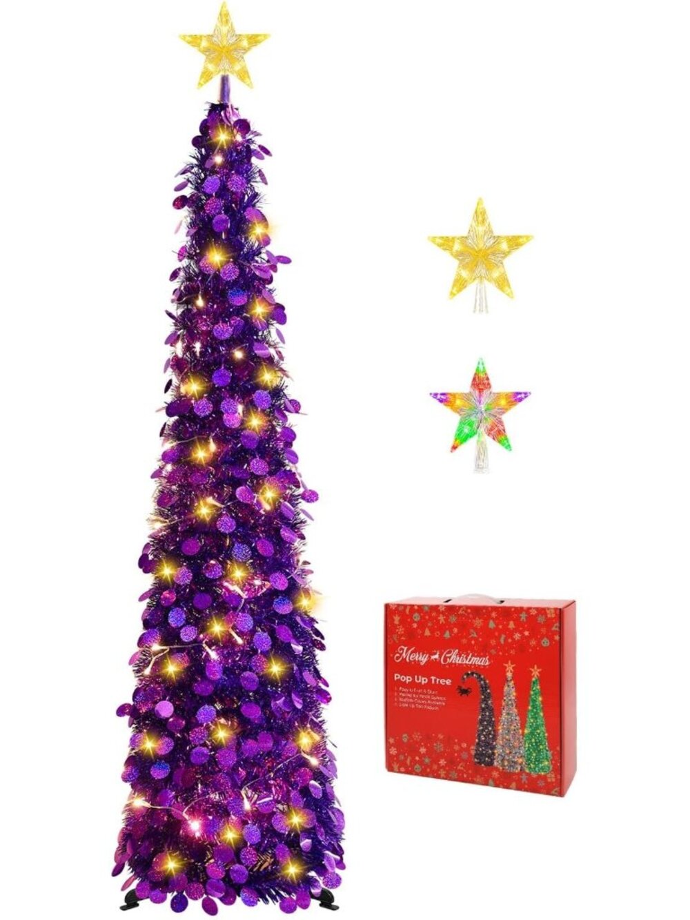 🎄5FT Light Purple Pop Up with Lighted Top Star for Christmas Tree Decorations